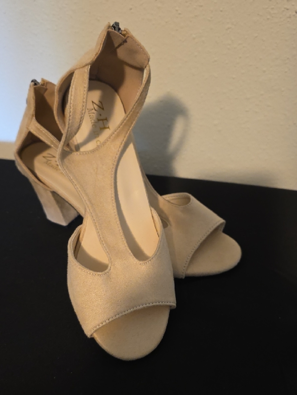 Nude Suede T-Strap Block Heel Sandals - Picture 12 of 13